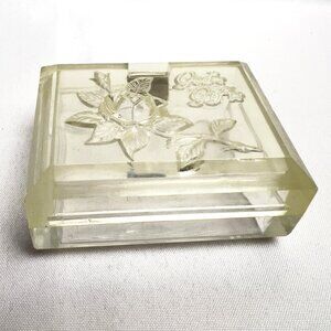 Clear Lucite Trinket Box “God’s Gifts” Embossed Lid Vintage Floral Design 3.6"